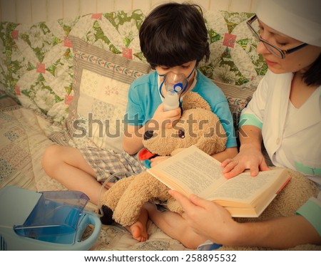 family doctor makes the child inhalation and reads him a book. instagram image retro style