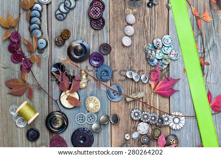 vintage buttons, reel with thread, herbarium and green tape, still life on tailor table