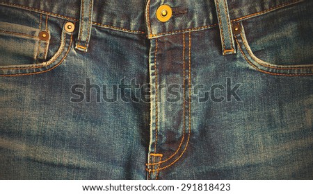 blue jeans, front view with pockets and rivets. instagram image filter retro style