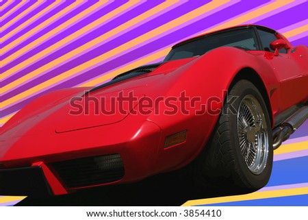Red Sport Corvette Car in Pop-art Style on Background of the Varicolored Strips
