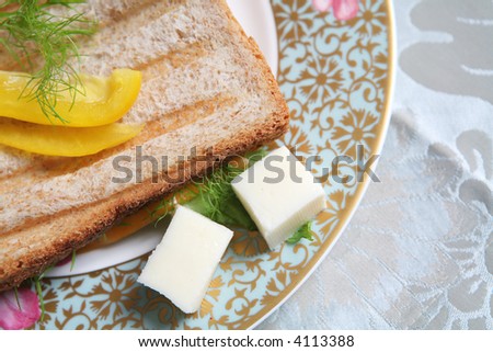 Meal, Fragment of the Toast on Plate with Floral Drawing, Food