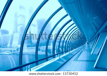 abstraction, fantastic type through transparent wall of the futuristic corridor