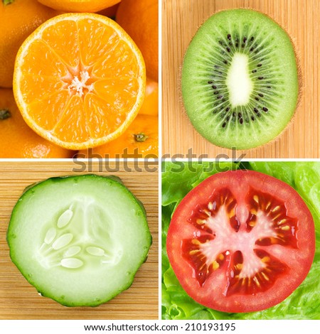 Slices of fruits and vegetables. Healthy food backgrounds