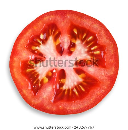 Fresh tomato slice closeup on white background