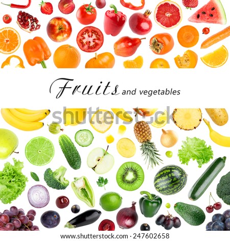 Collection of fruits and vegetables on white background. Fresh food