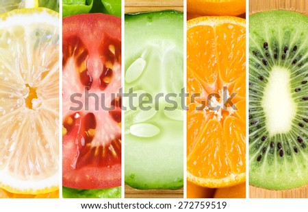 Healthy food background. Collection with different slices of fruits and vegetables