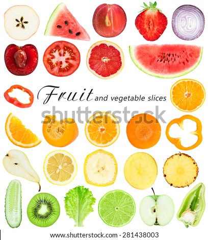 Collection of fresh fruit and vegetable slices on white background