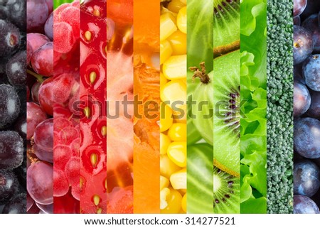 Collage with fruits and vegetables. Fresh food background
