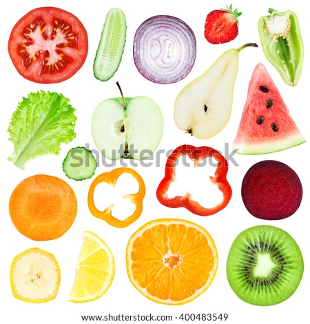 Slices of fruit and vegetable isolated on white background
