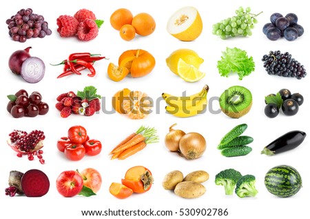 Collection of fruits and vegetables on white background. Fresh food