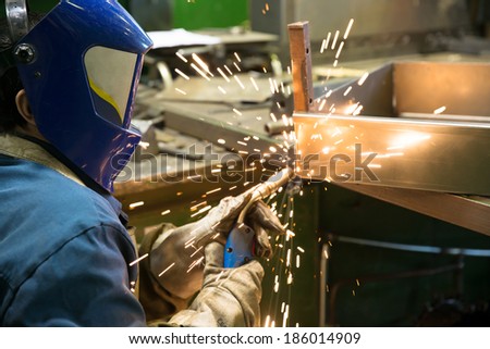 Industrial Worker Welder welding metal at factory workshop with flying sparks