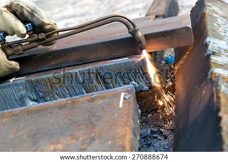 Cutting metal sheet with propane oxygen gas blow torch burner equipment