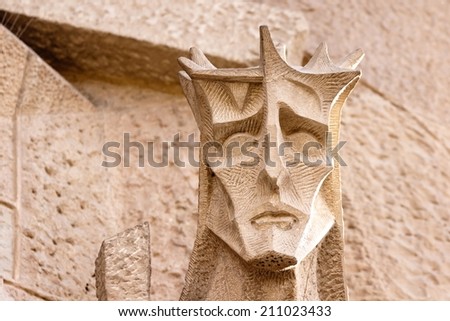 BARCELONA - MARCH 2: Sculpture detail of Jesus\' head in the series of the Passion of Christ on the outer walls of The Sagrada Familia on March 2, 2009, in Barcelona, Spain.