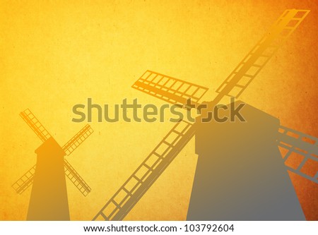 Grunge style of windmill with orange grunge background