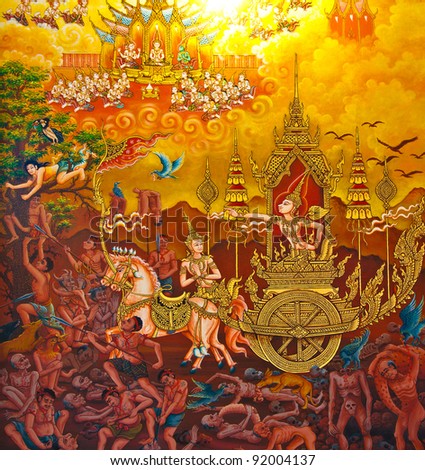 Buddhist art paint style in public temple of thailand
