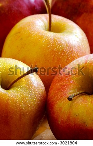 A warm and rich image of three apples with dew droplets adding a sense of crisp freshness.