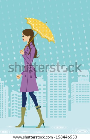 Woman walking in rainy city, side view