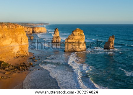 The landmark Twelve Apostles sea stacks at sunset, along the famous Great Ocean Road in Victoria, Australia