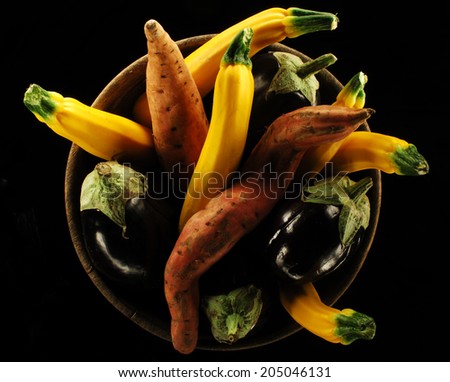 yellow zucchini, sweet potato and egg plant in a bowl