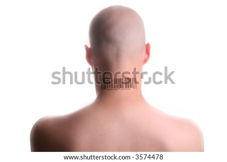 stock photo Man with barcode tattooed on the back of his neck