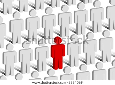 illustration of single red character standing out in crowd (Also available in Vector format)