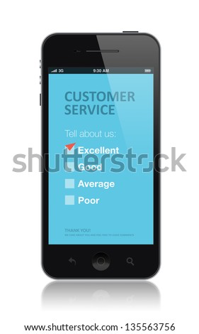 Modern mobile phone with customer service survey form on a screen. Red tick on excellent checkbox showing customer satisfaction. Isolated on white background.