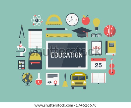 Modern Flat Icons Vector Collection Concept Of High School Object And College Education Items With Teaching And Learning Symbol, And Studying And Educational Elements. Isolated On Stylish Background.