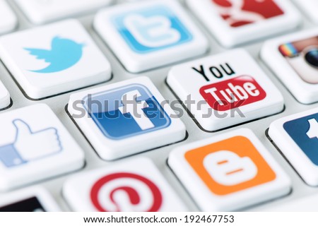 KIEV UKRAINE May 20 2013 A social media logotype collection of well-known social network brand's printed on stickers and placed on modern computer keyboard KIEV UKRAINE May 20 2013 A social media logotype collection of well-known social network brand's printed on stickers and placed on modern computer keyboard