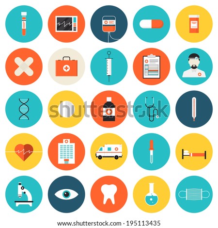 Flat icons set of medical tools and healthcare equipment, science research and health treatment service. Modern design style symbol collection. Isolated on white background.