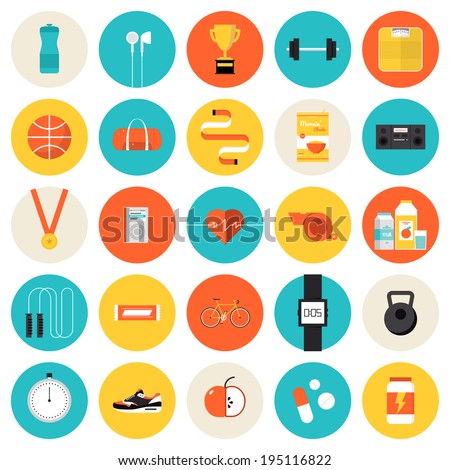 Flat icons set of fitness, sport and healthy lifestyle: exercise, diet ...