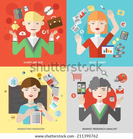 Flat design of business people jobs, marketing professions, client service and support, market research analyst, financial accounting and planning occupation. Modern style vector illustration concept.
