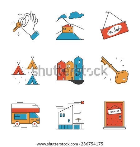 Abstract icons of house rental service, search real estate, rest in camping and recreation activity, buy and sell apartment. Unusual flat design line icons set unique art vector illustration concept.