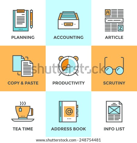 Line icons set with flat design elements of office accounting and clerk working routine,  business planning, paperwork routine, personal time management. Modern vector pictogram collection concept.