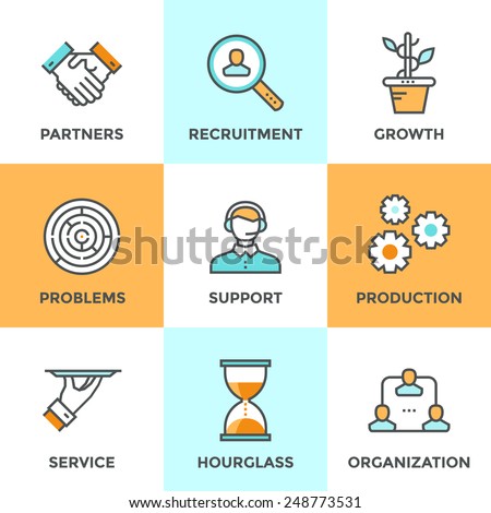 Line icons set with flat design elements of business people communication, professional support, partnership agreement, solving management problems. Modern vector pictogram collection concept.