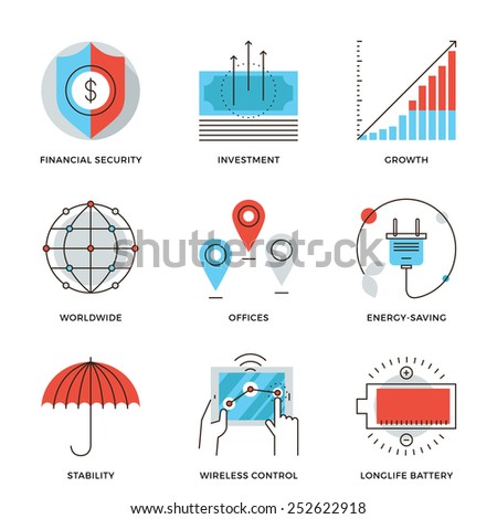 Thin line icons of worldwide corporate business, money growth chart, financial security, energy savings, company stability. Modern flat line design element vector collection logo illustration concept.