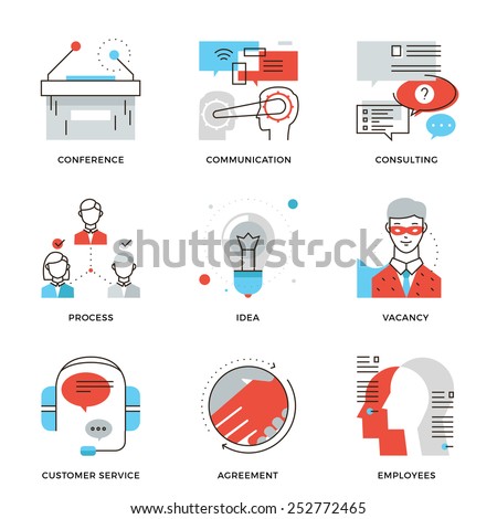 Thin line icons of business meeting, professional occupation, company consulting, people communication and deal agreement. Modern flat line design element vector collection logo illustration concept.
