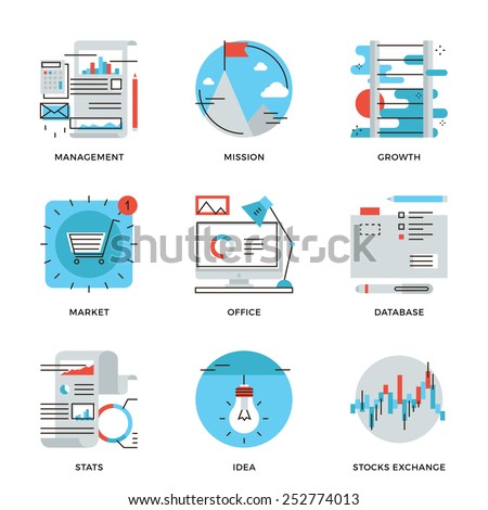 Thin line icons of corporate business management, financial report and statistics, office organization, stock market data. Modern flat line design element vector collection logo illustration concept.