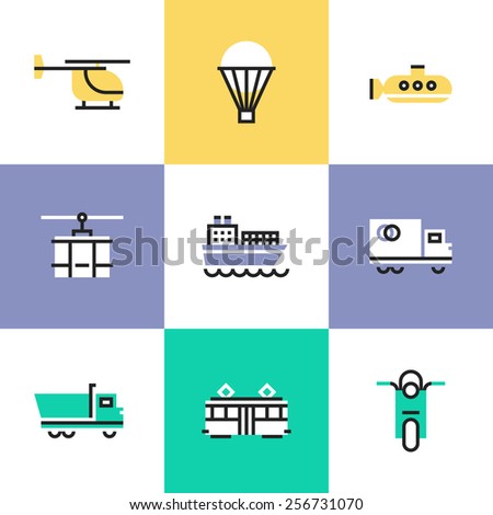 Flat line icons of various transportation, by water and air, on rail and roads, for shipping goods and carriage people. Infographic icons set, logo abstract design pictogram vector concept.