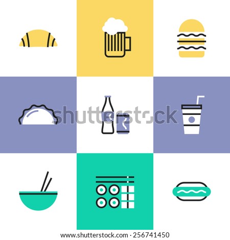Flat line icons of popular food and drink like croissant, glass of beer, hamburger, takeaway coffee, set of sushi and hot dog. Infographic icons set, logo abstract design pictogram vector concept.