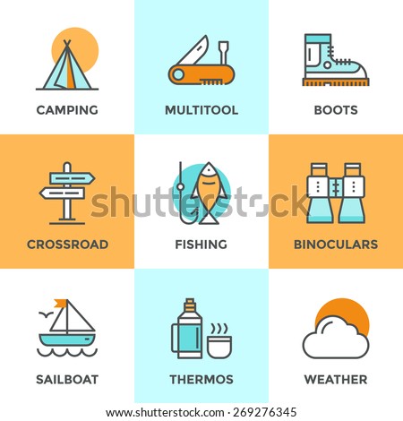 Line icons set with flat design elements of recreation camping activity, directional sign crossroad, hiking and fishing, tent camp, outdoor activities. Modern vector logo pictogram collection concept.