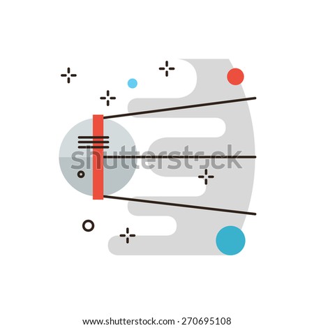 Thin line icon with flat design element of sputnik discovery travel, space research, cosmos exploration, astronomy mission, spaceship flying. Modern style logo vector illustration concept.