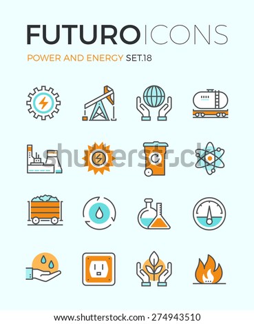 Line icons with flat design elements of power and energy production, electric industry, world ecology conservation, coal mining minerals. Modern infographic vector logo pictogram collection concept.