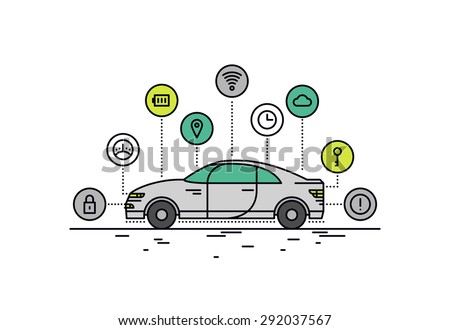 Thin line flat design of driverless car technology features, autonomous vehicle system capability, internet of things road transport. Modern vector illustration concept, isolated on white background.