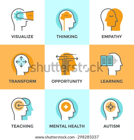 Line icons set with flat design elements of human mind process, people brain thinking, mental health and autism problem, opportunities and mental transform. Modern vector pictogram collection concept.
