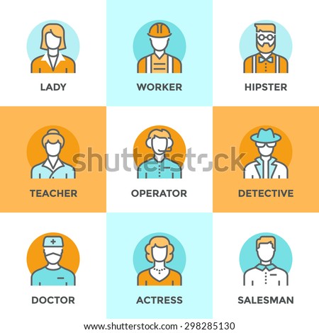 Line icons set with flat design elements of various business people profession, professional human occupation, basic characters career, stylish avatars. Modern vector pictogram collection concept.