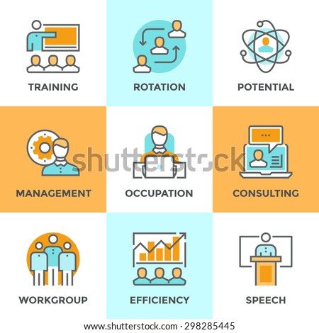 Line icons set with flat design elements of corporate management, business people training, online professional consulting service, efficiency of team skill. Modern vector pictogram collection concept