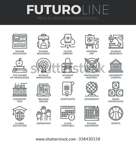 Modern thin line icons set of basic education training and studying online. Premium quality outline symbol collection. Simple mono linear pictogram pack. Stroke vector logo concept for web graphics.