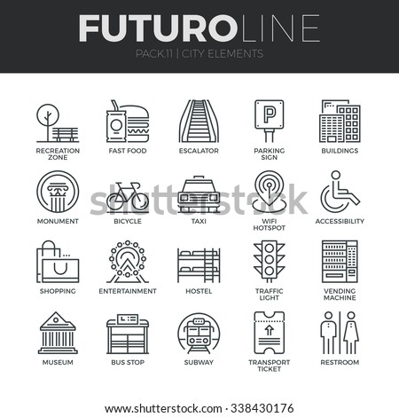 Modern thin line icons set of various city elements, street transportation sign. Premium quality outline symbol collection. Simple mono linear pictogram pack. Stroke vector logo concept, web graphics.