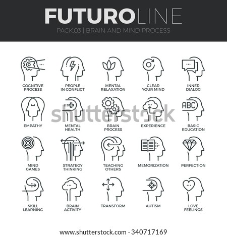 Modern thin line icons set of human mind process, brain features and emotions. Premium quality outline symbol collection. Simple mono linear pictogram pack. Stroke vector logo concept for web graphics