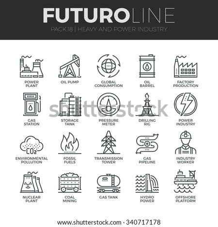 Modern thin line icons set of heavy industry, power plant, mining resources. Premium quality outline symbol collection. Simple mono linear pictogram pack. Stroke vector logo concept for web graphics.